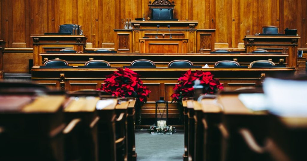 Empty wood paneled courtroom