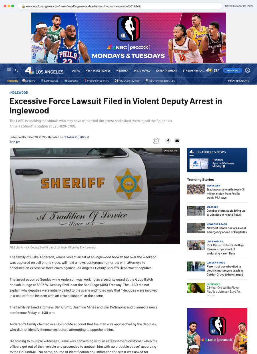 Saved copy of the NBC4 Los Angeles article